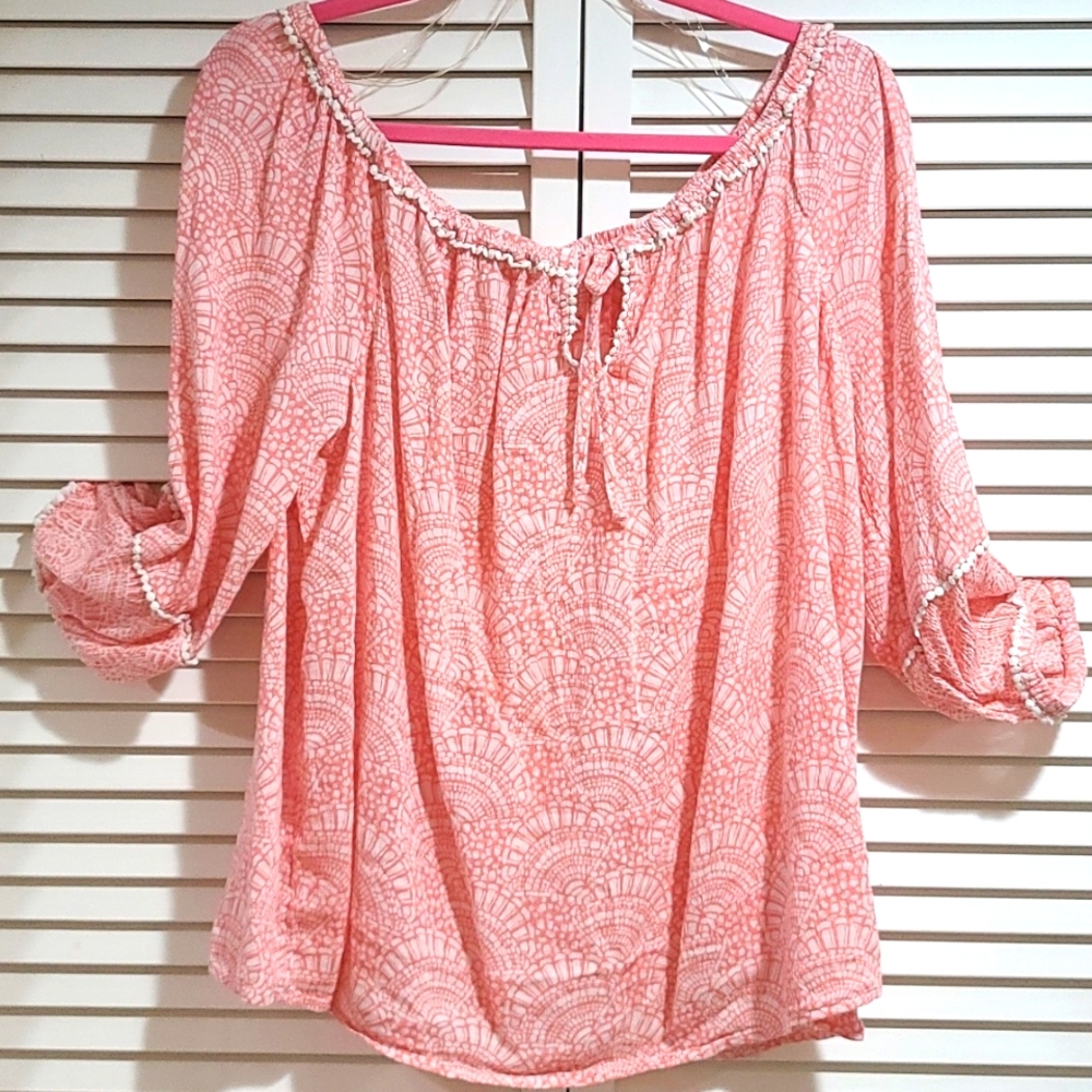 Crown & Ivy drawstring boat neckline top, casual cotton blend w white trim - Picture 2 of 4